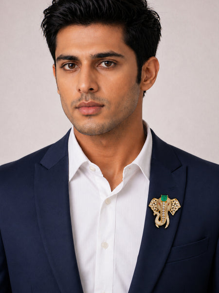 Royal Elephant Doublet Stone Designer Brooch Pin – Premium Golden Finish