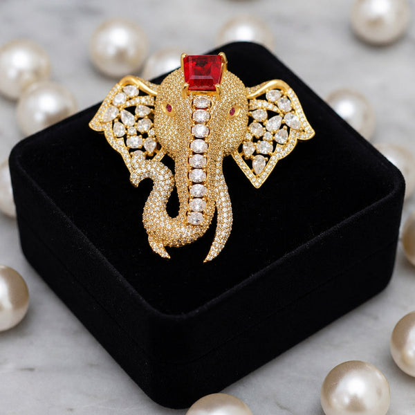 Royal Ruby Elephant Designer Brooch Pin Golden Finish with Doublet & AAA AD Stones
