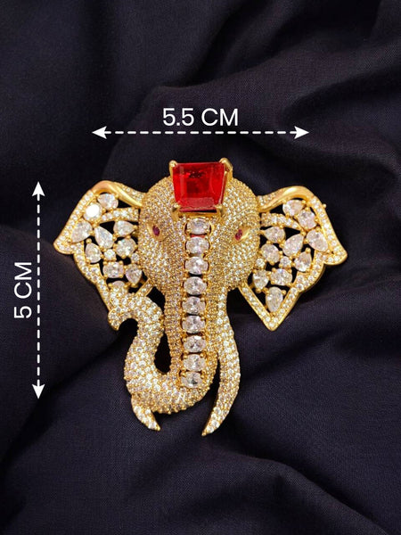 Royal Ruby Elephant Designer Brooch Pin Golden Finish with Doublet & AAA AD Stones