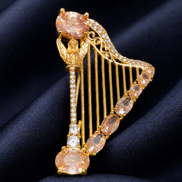 Royal Harp Designer Brooch Pin  Golden Finish with AAA AD Stones