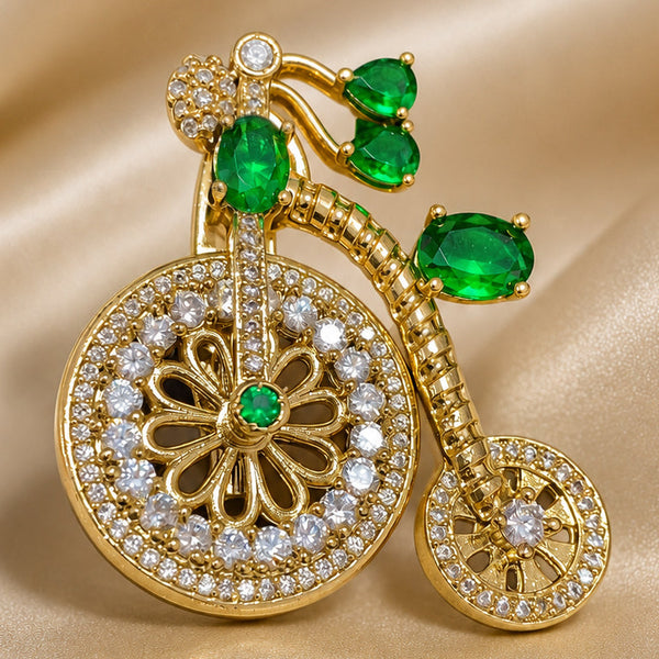 Royal Vintage Bicycle Brooch Pin Golden Finish with Hydro Green Stones & AAA AD Crystals