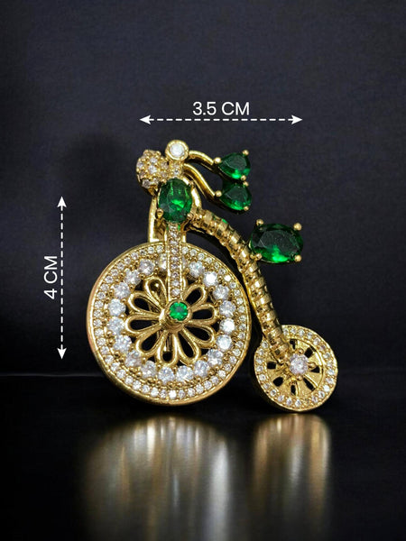 Royal Vintage Bicycle Brooch Pin Golden Finish with Hydro Green Stones & AAA AD Crystals