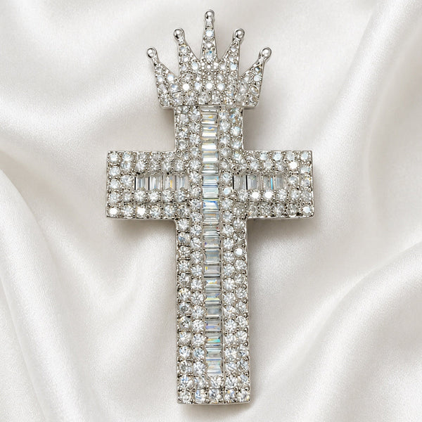 Premium Silver-Plated Crown Cross Brooch Pin | AAA Quality AD Brass Brooch