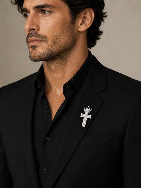 Premium Silver-Plated Crown Cross Brooch Pin | AAA Quality AD Brass Brooch