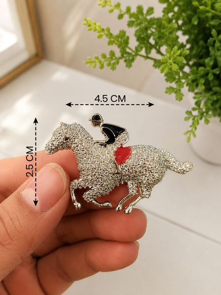 Royal Horse Rider Designer Brooch Pin Silver Finish with AAA AD Stones