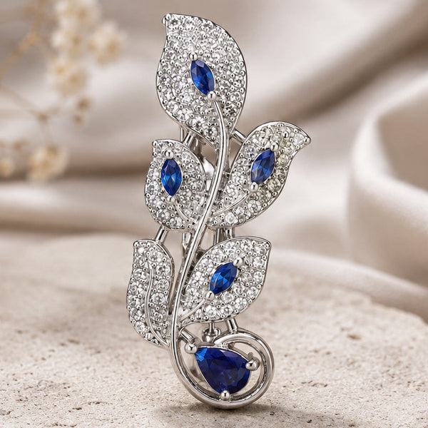 Premium Silver-Plated Blue Leaf Brooch Pin | AAA Quality AD Brass Floral Brooch