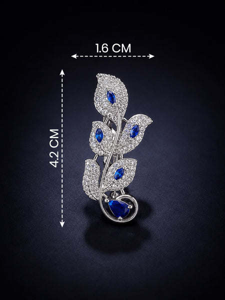 Premium Silver-Plated Blue Leaf Brooch Pin | AAA Quality AD Brass Floral Brooch