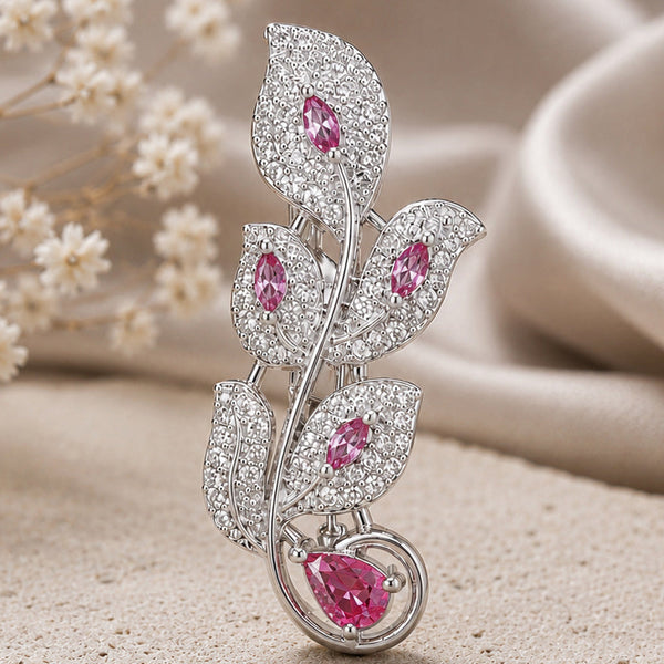 Premium Silver-Plated Pink Leaf Brooch Pin | AAA Quality AD Brass Floral Brooch