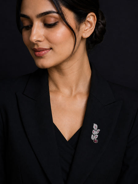 Premium Silver-Plated Pink Leaf Brooch Pin | AAA Quality AD Brass Floral Brooch