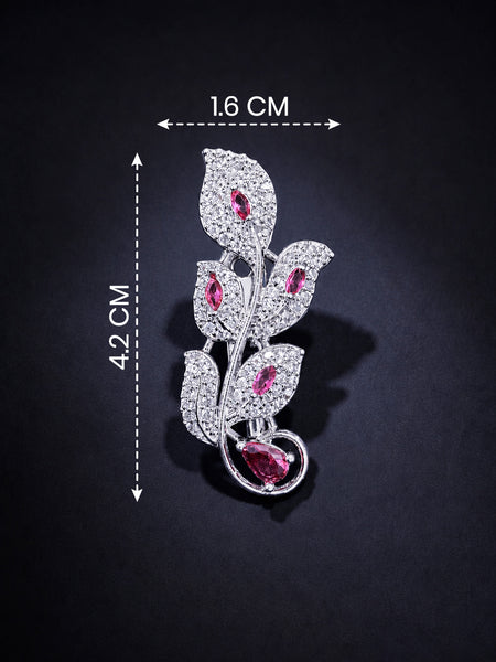 Premium Silver-Plated Pink Leaf Brooch Pin | AAA Quality AD Brass Floral Brooch