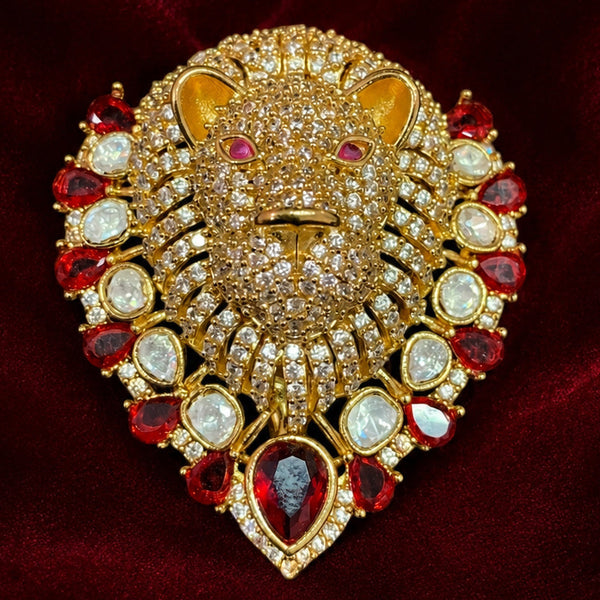 Royal Lion Head Brass Brooch Pin with AAA AD Stones & Red Hydro Stone Accents