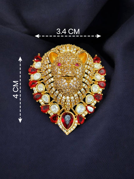 Royal Lion Head Brass Brooch Pin with AAA AD Stones & Red Hydro Stone Accents