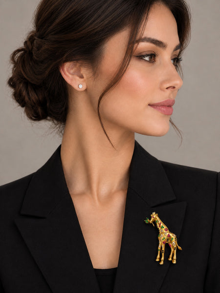 Matt Golden Giraffe Brooch with AAA Quality AD Stones – Brass Metal