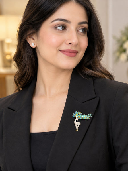 Luxury High-End Peacock Brooch in White Rhodium Plated Brass with AAA Quality AD Stones