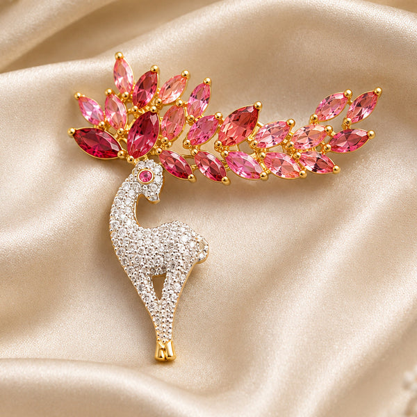 Luxury High-End Pink Peacock Brooch in White Rhodium Plated Brass with AAA Quality AD Stones