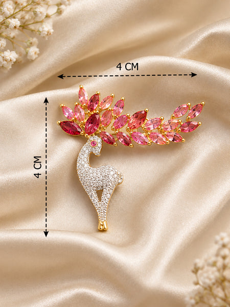 Luxury High-End Pink Peacock Brooch in White Rhodium Plated Brass with AAA Quality AD Stones