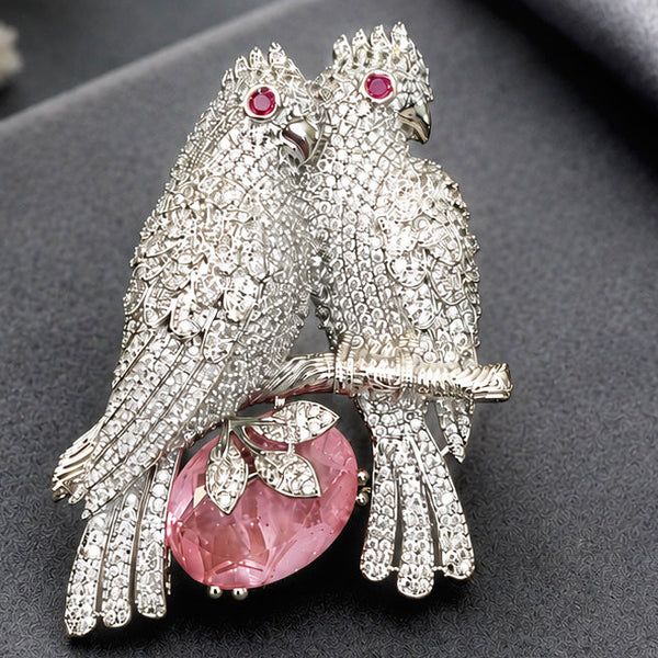 Premium Silver-Plated Love Birds Brooch Pin | AAA Quality AD Brass Designer Brooch