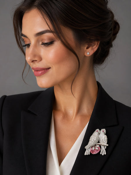 Premium Silver-Plated Love Birds Brooch Pin | AAA Quality AD Brass Designer Brooch