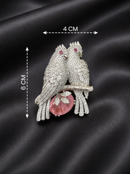 Premium Silver-Plated Love Birds Brooch Pin | AAA Quality AD Brass Designer Brooch