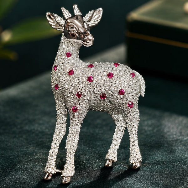 Premium Silver-Plated Deer Brooch Pin with AAA Quality AD Stones | Elegant Animal Designer Brooch