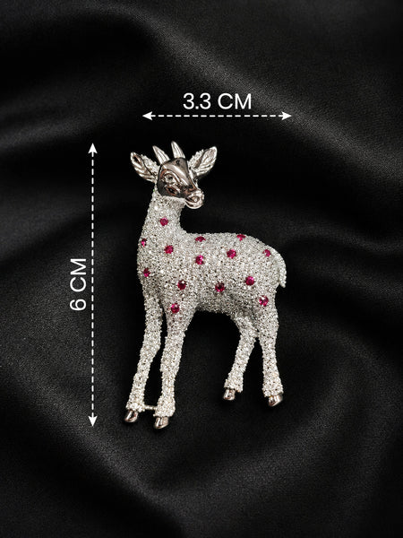 Premium Silver-Plated Deer Brooch Pin with AAA Quality AD Stones | Elegant Animal Designer Brooch
