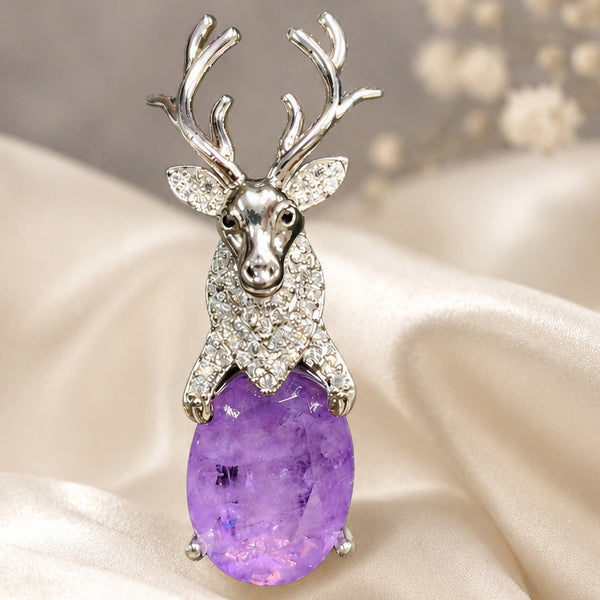 Premium Silver-Plated Deer Brooch Pin with Purple Doublet Stone & AAA Quality AD Stones