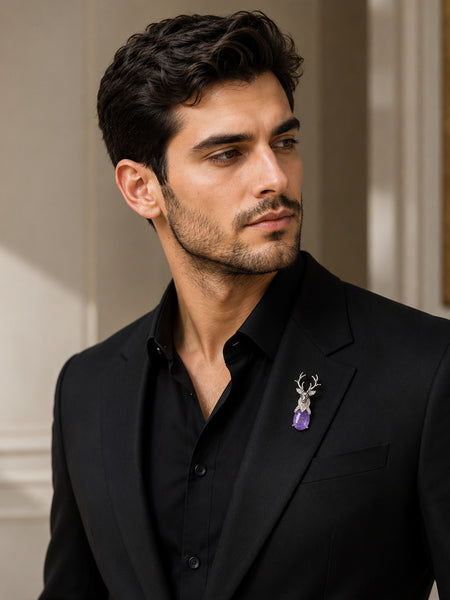 Premium Silver-Plated Deer Brooch Pin with Purple Doublet Stone & AAA Quality AD Stones