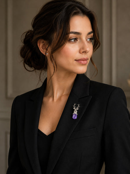 Premium Silver-Plated Deer Brooch Pin with Purple Doublet Stone & AAA Quality AD Stones