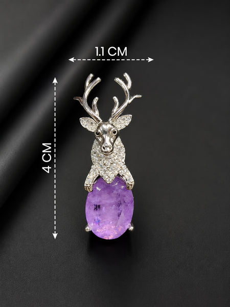 Premium Silver-Plated Deer Brooch Pin with Purple Doublet Stone & AAA Quality AD Stones
