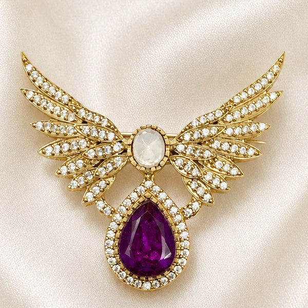 Premium Silver-Plated Angel Wings Brooch Pin with Purple Doublet Stone | AAA Quality AD Brass Brooch
