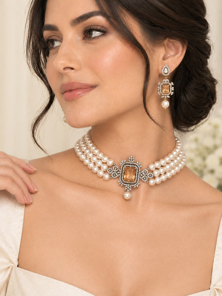 Elegant Multi-Layer Pearl Necklace Set with Golden Crystal Pendant & Matching Earrings