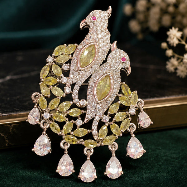 Elegant Twin Peacock Silver-Plated Brooch Pin with AAA AD & Hydro Stones
