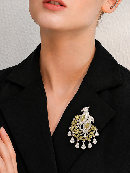 Elegant Twin Peacock Silver-Plated Brooch Pin with AAA AD & Hydro Stones
