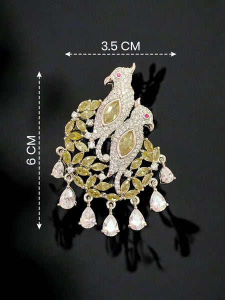 Elegant Twin Peacock Silver-Plated Brooch Pin with AAA AD & Hydro Stones