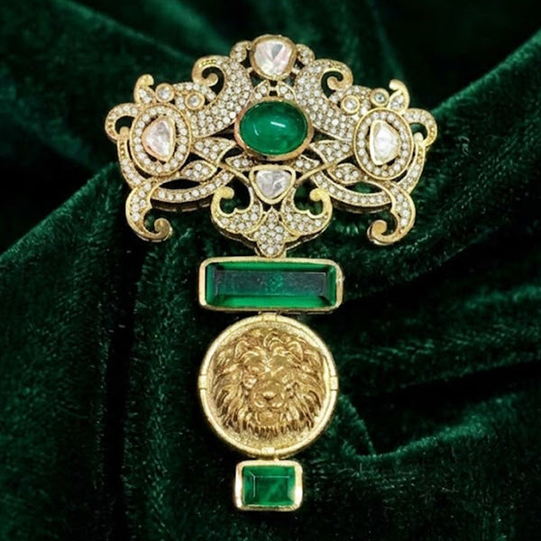 Royal Lion Motif Brooch Victorian Finish with Green Doublet Stones