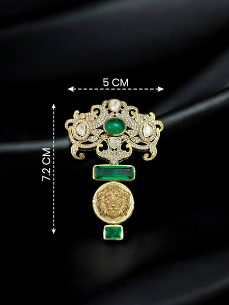 Royal Lion Motif Brooch Victorian Finish with Green Doublet Stones