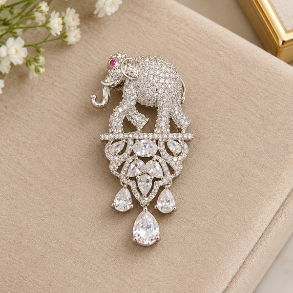 Luxury Silver-Plated Elephant Brooch Pin with AAA Cubic Zirconia – Premium Brass Designer Brooch for Women