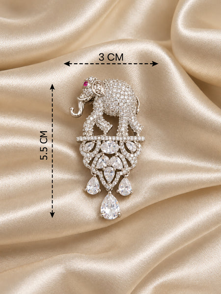 Luxury Silver-Plated Elephant Brooch Pin with AAA Cubic Zirconia – Premium Brass Designer Brooch for Women
