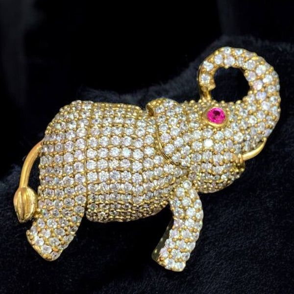 Gold-Toned Crystal Elephant Brooch with Ruby Eye Accent