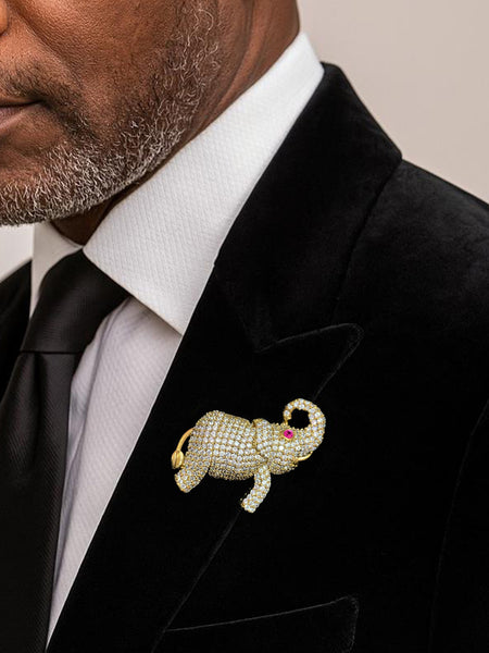 Gold-Toned Crystal Elephant Brooch with Ruby Eye Accent