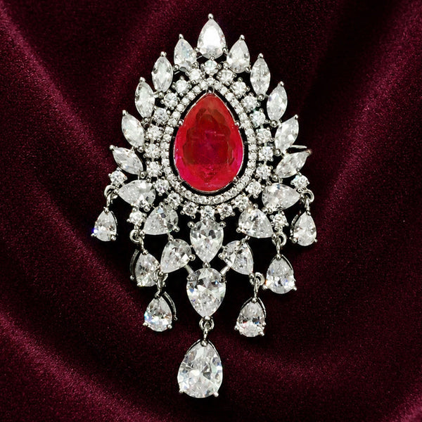 Premium Silver-Plated Red Crystal Brooch Pin | AAA Quality AD Brass Designer Brooch