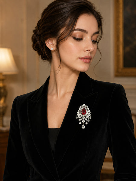 Premium Silver-Plated Red Crystal Brooch Pin | AAA Quality AD Brass Designer Brooch