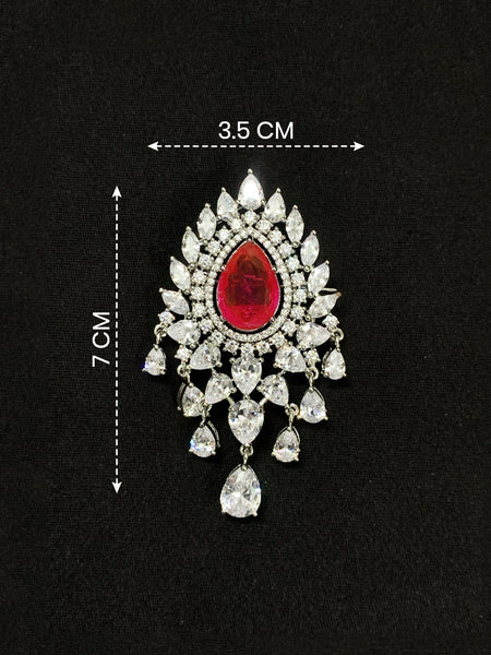 Premium Silver-Plated Red Crystal Brooch Pin | AAA Quality AD Brass Designer Brooch