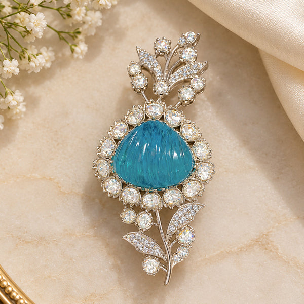 Elegant Silver-Plated Blue Doublet Stone & AAA Polki Floral Brooch Pin for Women | Premium Brass Designer Brooch