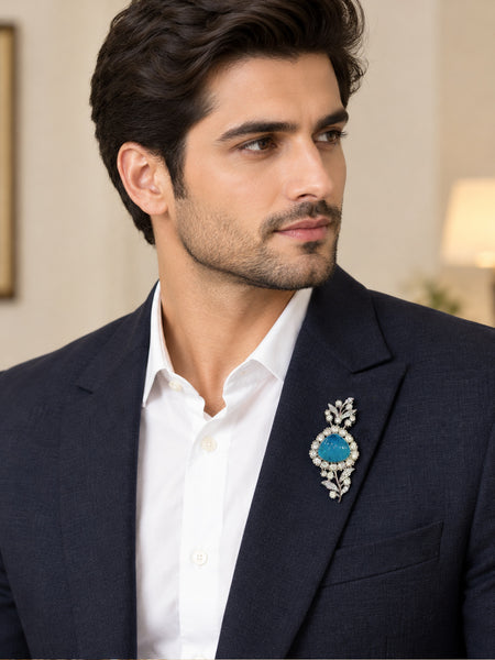 Elegant Silver-Plated Blue Doublet Stone & AAA Polki Floral Brooch Pin for Women | Premium Brass Designer Brooch
