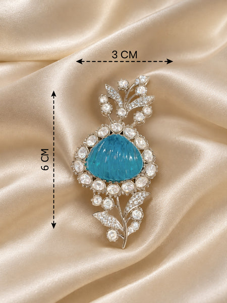 Elegant Silver-Plated Blue Doublet Stone & AAA Polki Floral Brooch Pin for Women | Premium Brass Designer Brooch