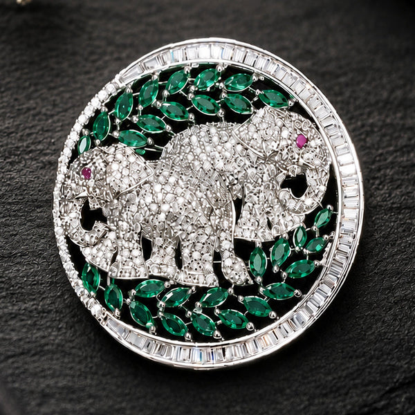 Luxury Victorian Elephant Family Brooch with Green Stones – Brass Plated AAA Quality Jewelry