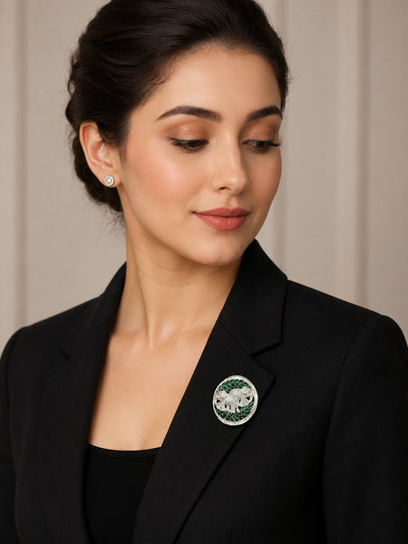 Luxury Victorian Elephant Family Brooch with Green Stones – Brass Plated AAA Quality Jewelry