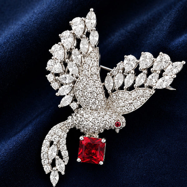 Silver Bird Brooch with Doublet & AAA Quality AD Stones – Brass Metal
