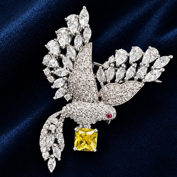 Silver Bird Brooch with Yellow Doublet Stone & AAA Quality AD Stones – Brass Metal